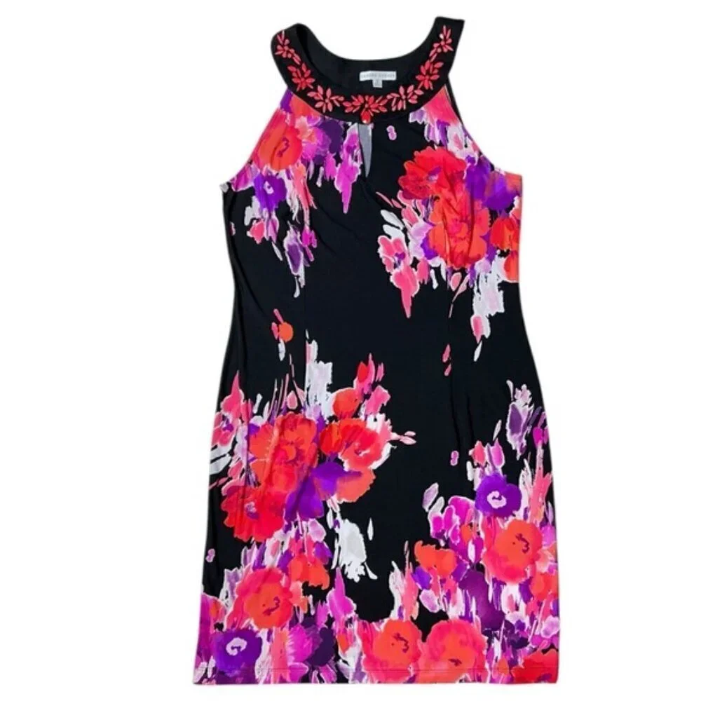 Sandra Darren Dress Beaded Keyhole Watercolor Floral Slip On Black Pink Size 12 - Picture 7 of 16